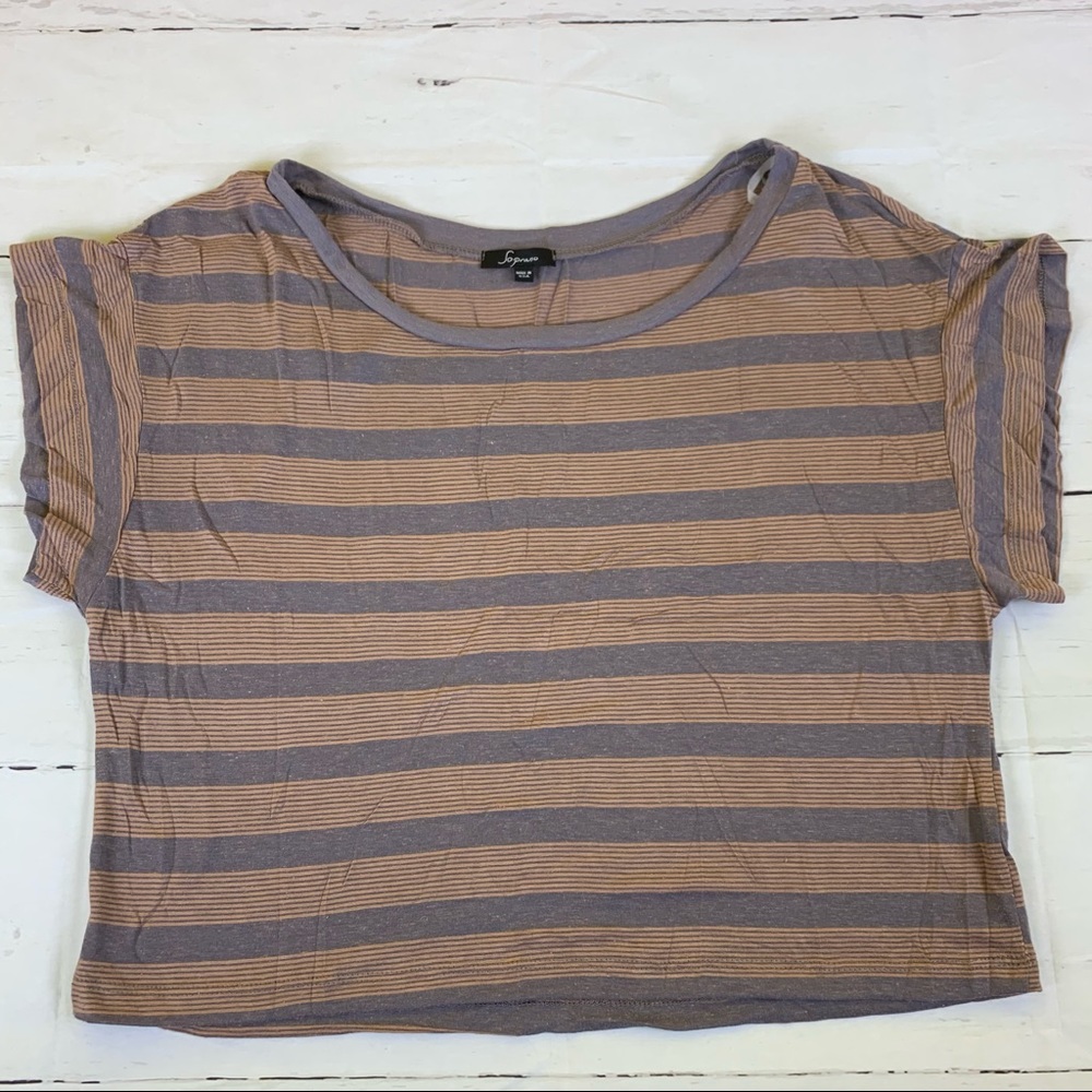 Soprano Medium stripped cropped top tee t-shirt grey sport rayon linen polyester